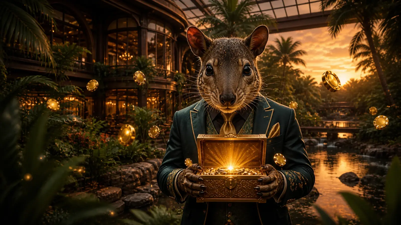 Paca abre o pacote de boas-vindas do Bizzo Casino em um jardim tropical