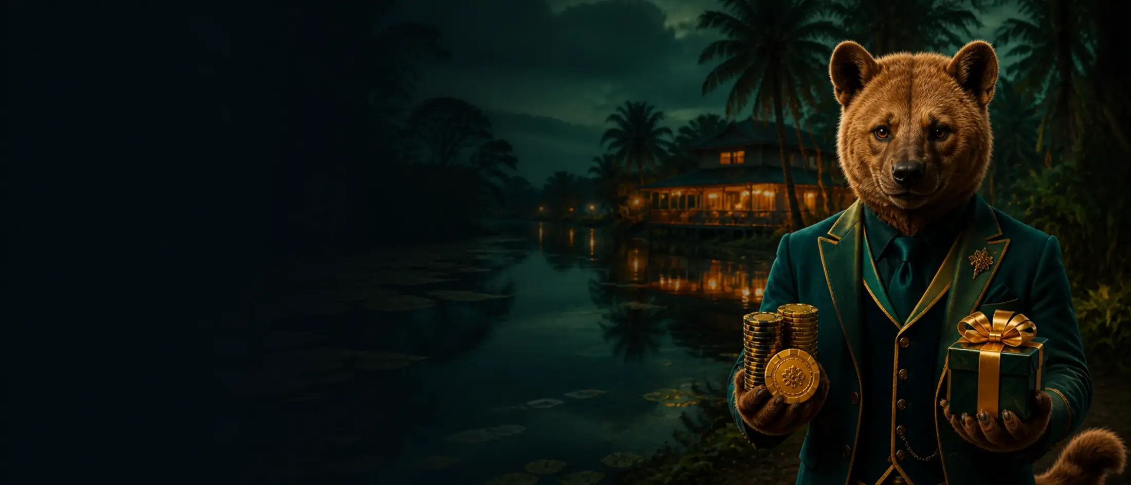Cachorro-vinagre apresenta fichas de bônus do Bizzo Casino em um lodge do Pantanal