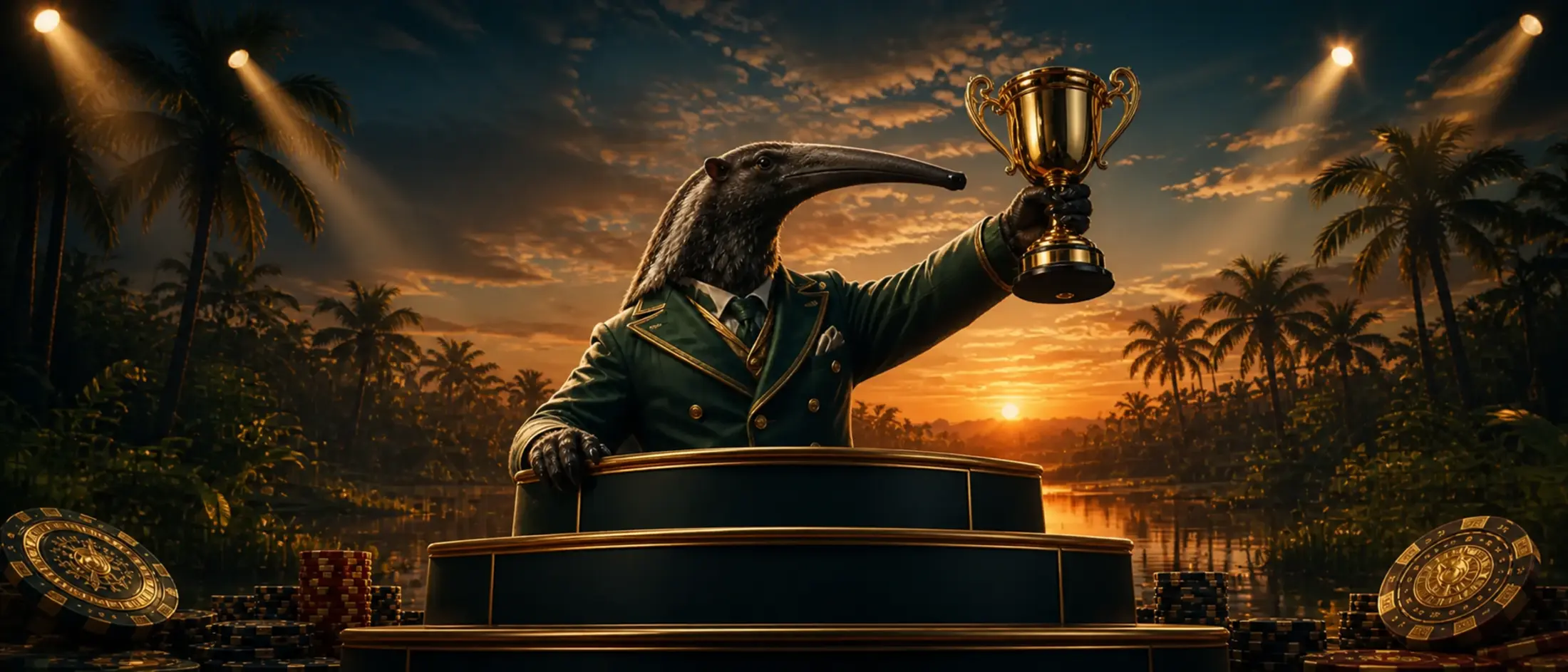 Tamanduá-bandeira ergue o troféu dos torneios do Bizzo Casino