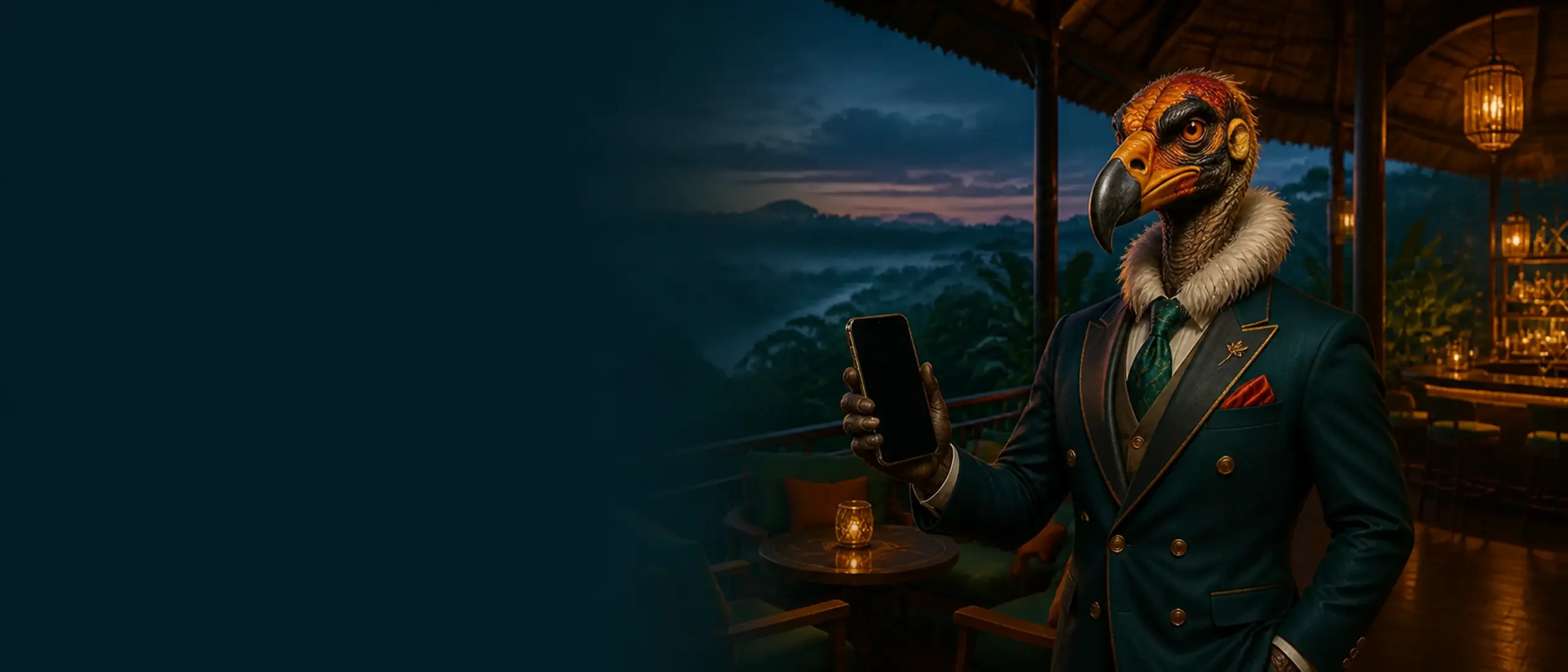 Urubu-rei apresenta o aplicativo do Bizzo Casino em um lodge amazônico