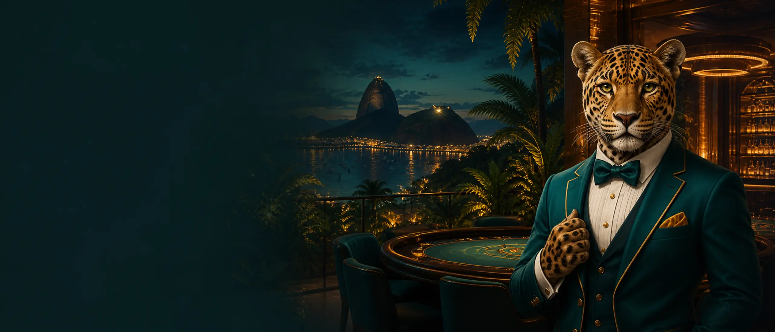 Mascote onça-pintada do Bizzo Casino em um cassino tropical com vista para o Rio de Janeiro