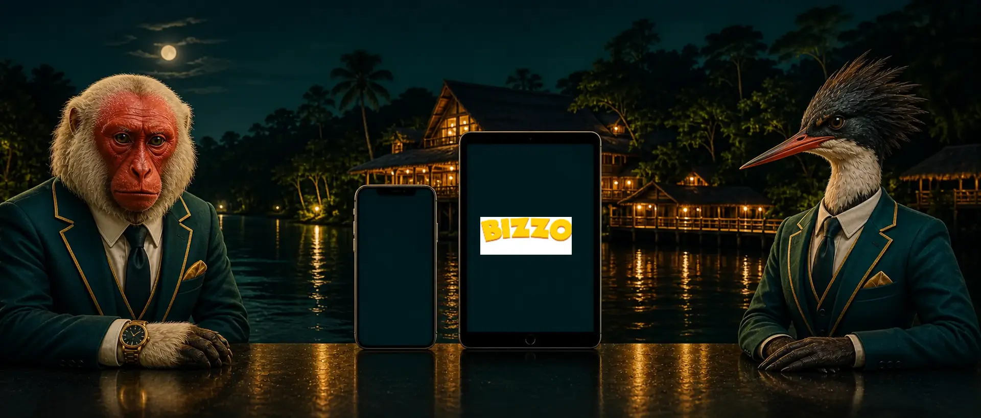 Uacari e mergulhão brasileiro ao lado de aparelhos com o logotipo do Bizzo Casino