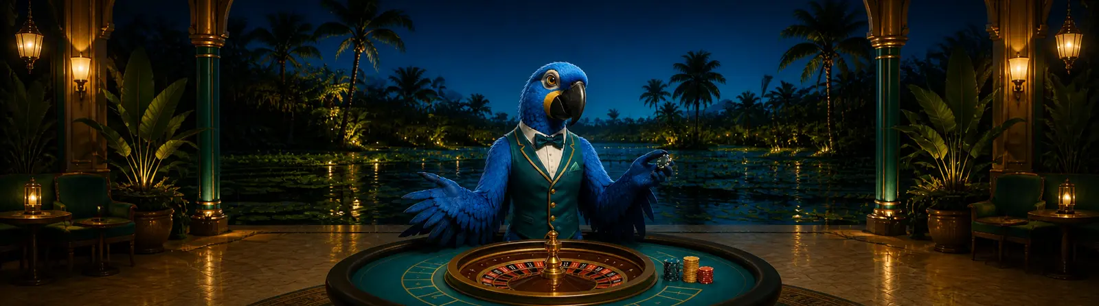 Mascote arara-azul como dealer em uma mesa de roleta ao vivo