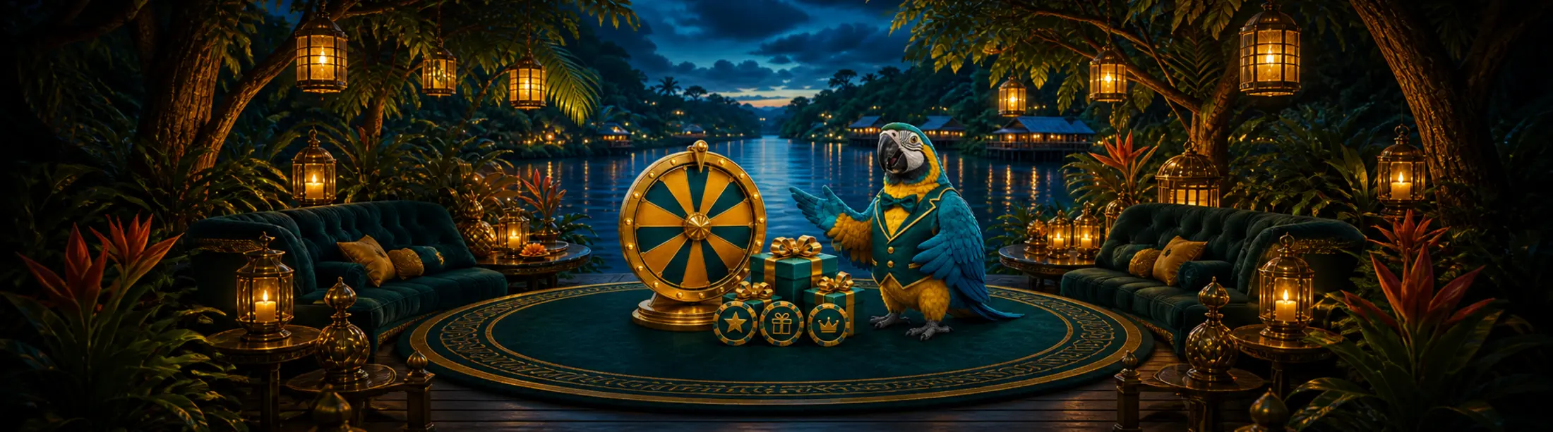 Mascote arara-canindé com roda de prêmios e presentes no Amazonas