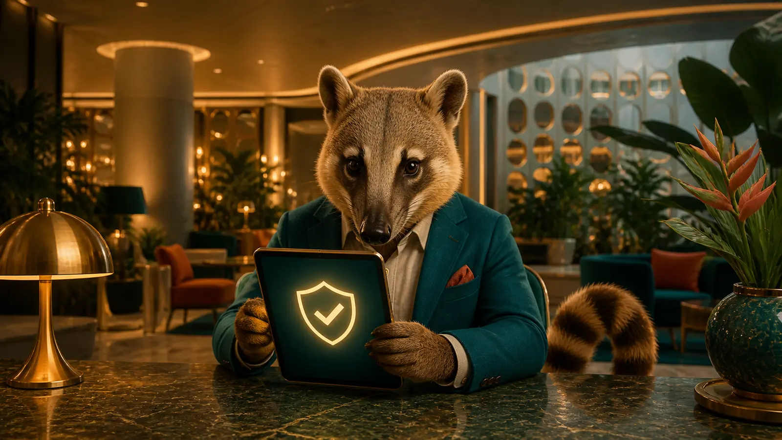 Mascote quati criando uma conta segura em um tablet