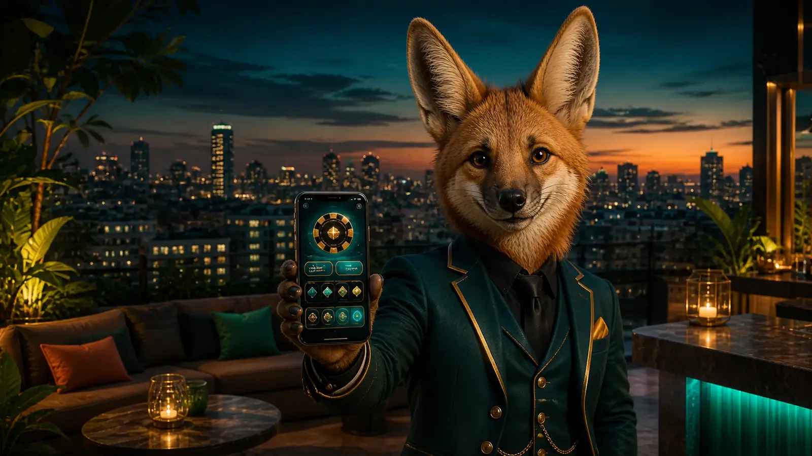 Mascote lobo-guará apresentando o cassino em um smartphone