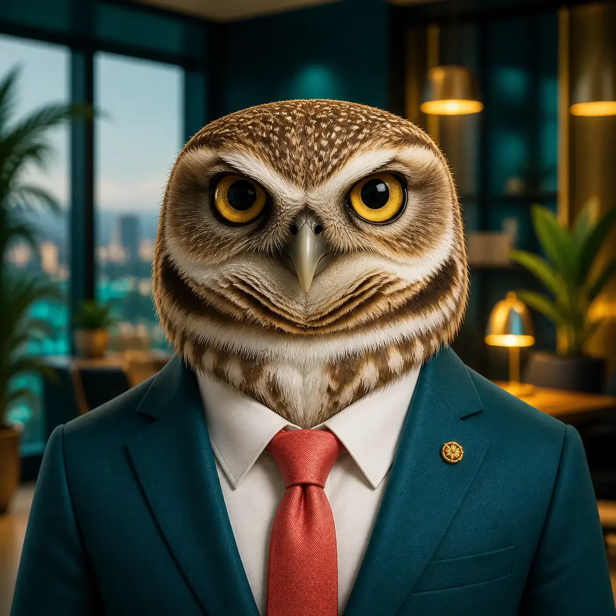 Mascote coruja-buraqueira como editor do Bizzo Casino Brasil