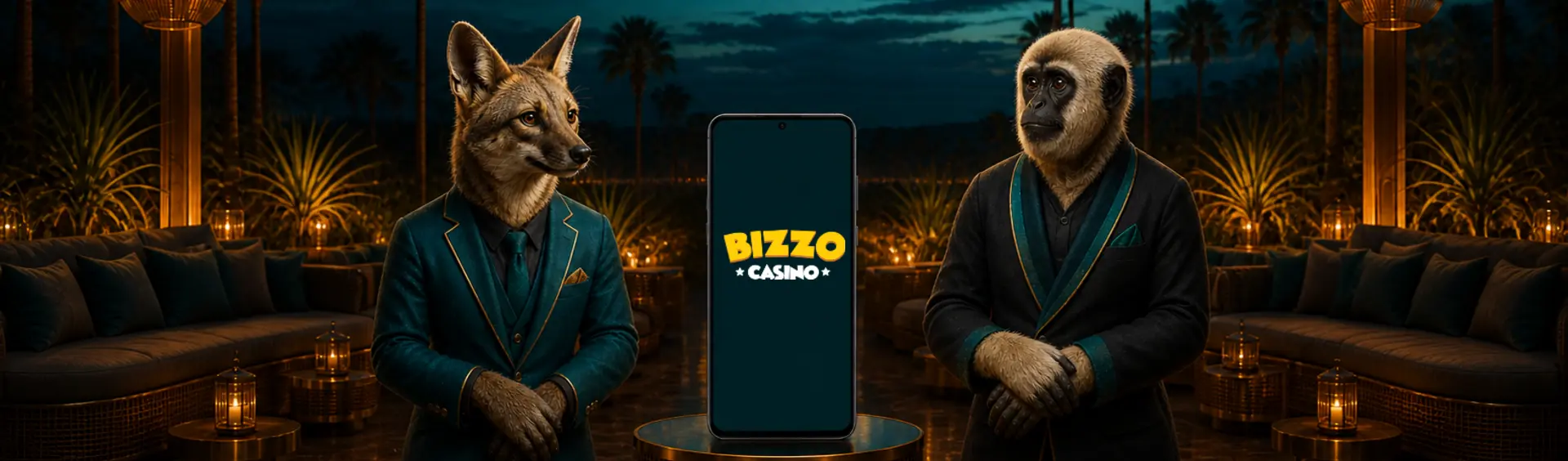 Telefone com o logotipo Bizzo Casino entre mascotes cachorro-do-mato e muriqui