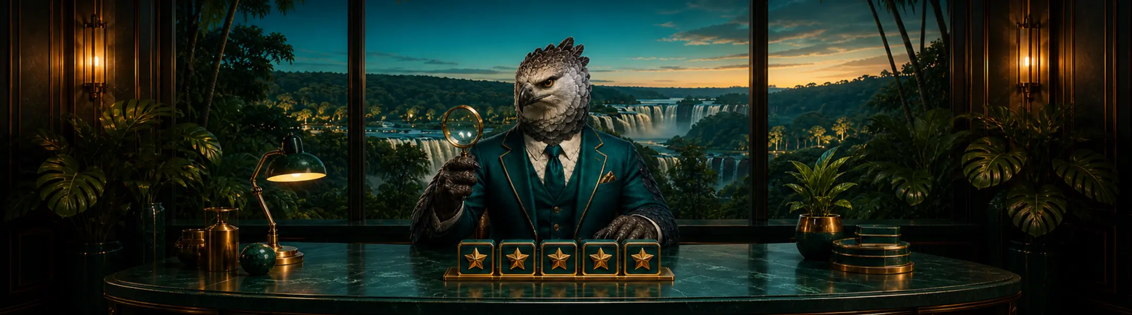 Mascote gavião-real avaliando o Bizzo Casino em um lounge tropical