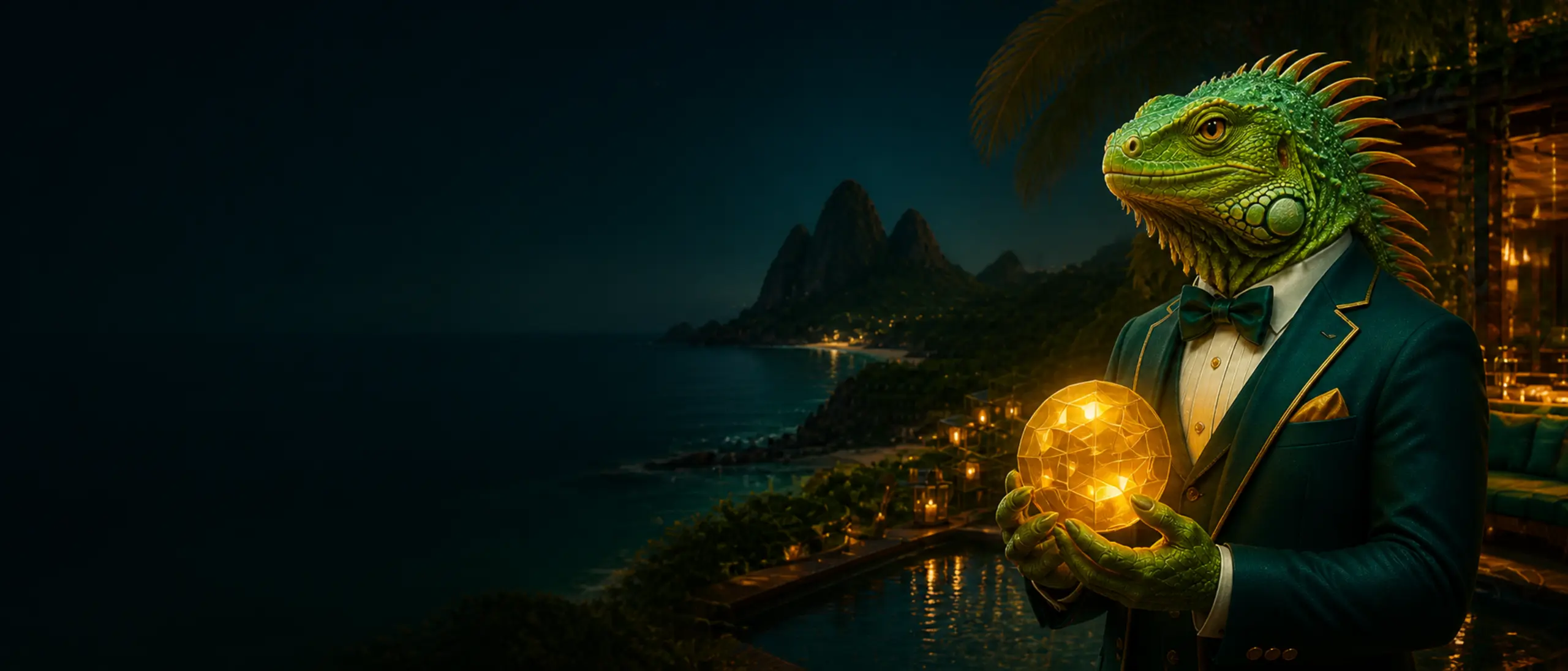 Mascote iguana apresentando o bônus de primeiro depósito em criptomoedas
