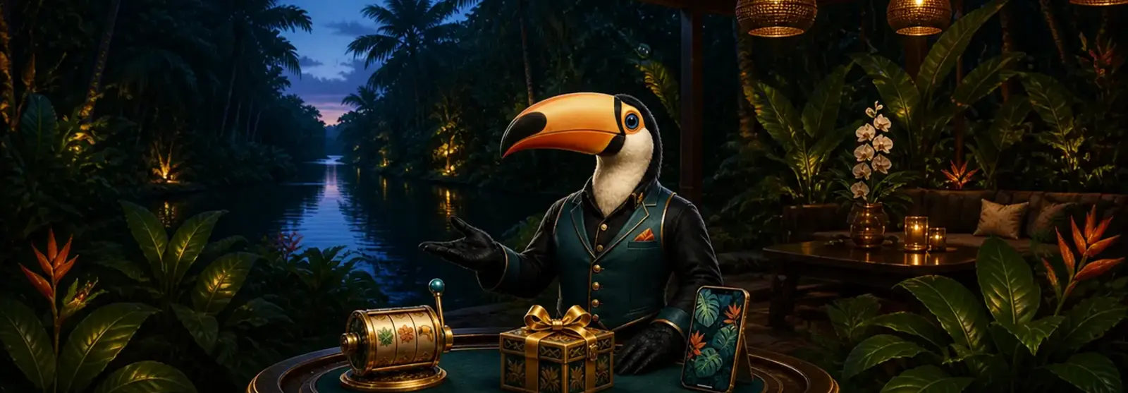 Mascote tucano apresentando os recursos do Bizzo Casino em um lounge na Amazônia