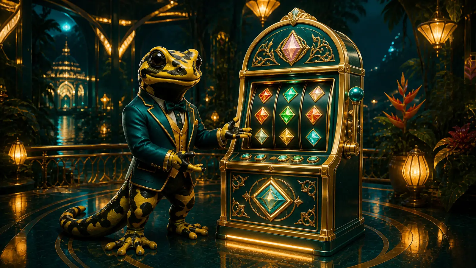 Mascote sapo-ponta-de-flecha ao lado de um slot tropical
