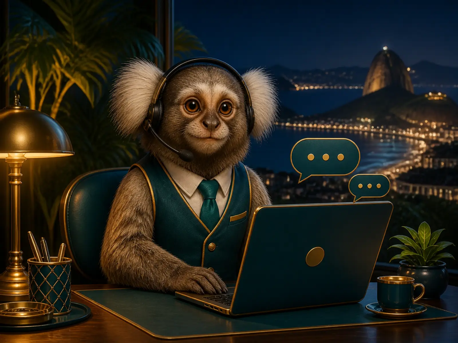 Mascote sagui atendendo o suporte do cassino com headset e laptop