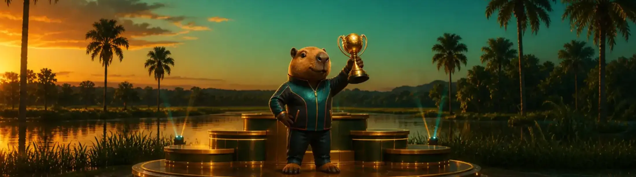 Mascote capivara com o troféu dos torneios do Bizzo Casino no Pantanal